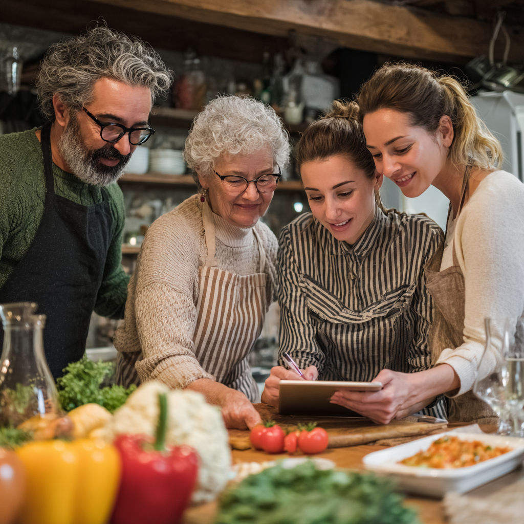 Romanian nutrition expert smiling confidently while reviewing meal plans and nutritional data